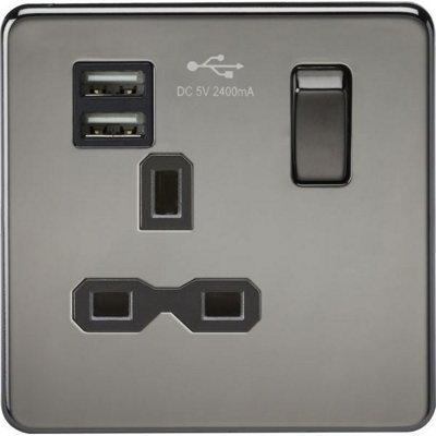 MLA Knightsbridge 13A 1 Gang Socket With Dual USB Charger (2.4A) Black Insert