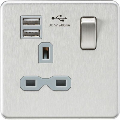 MLA Knightsbridge 13A 1 Gang Socket With Dual USB Charger (2.4A) W/Grey Insert