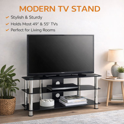 MMT Black Glass TV Stand 3 Shelf 1050mm Unit for 32 to 50" TVs