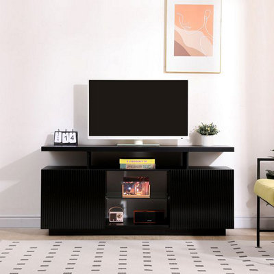 MMT Black TV Stand 130cm with Fluted Doors Cupboards Open Storage Soundbar Shelf for TVs Up