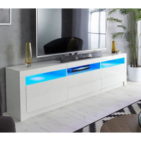 MMT Furniture White Modern TV Stand Cabinet Gloss Matt Unit with LED Lights -with Drawer for up to 90 inch TV's 200cm