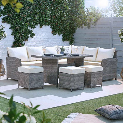 MMT Rattan Garden Furniture L Shaped Dining Corner Set 8 Seater Fully Assembled Aluminium Frame 2.5M x 1.9M 6 piece set