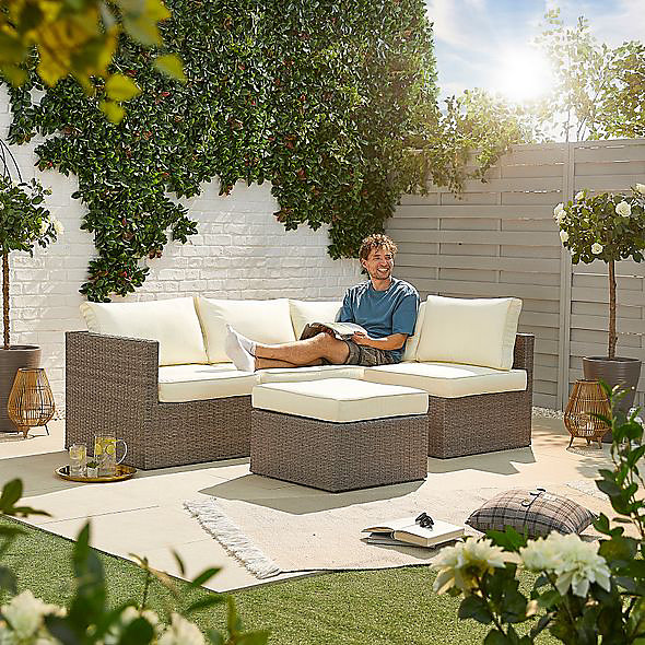 Mmt Rattan Grey Garden Furniture L-Shaped Corner Sofa & Set - 4 Seater Plus Coffee  Table/Extra Stool - Cream Cushions | Diy At B&Q