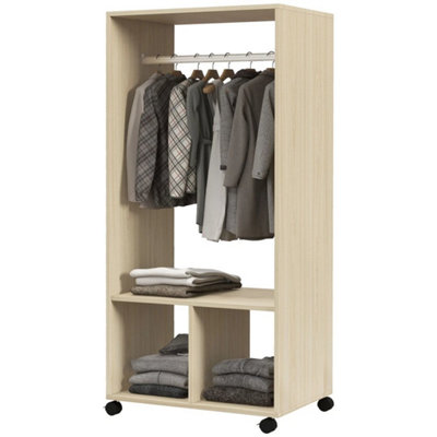 Mobile Open Wardrobe Clothes Rail Storage Shelves Bedroom Natural
