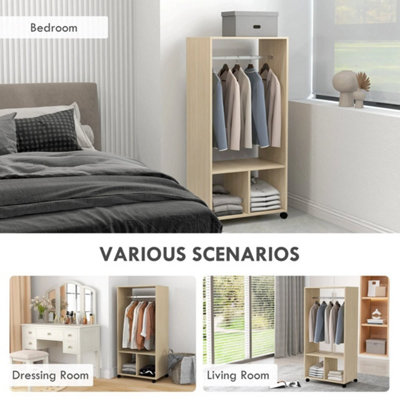 Mobile Open Wardrobe Clothes Rail Storage Shelves Bedroom Natural