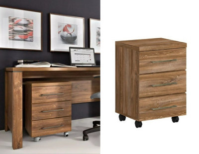 Mobile Pedestal 3 Drawer Unit Castors Cabinet Home Office Medium Oak Effect Gent