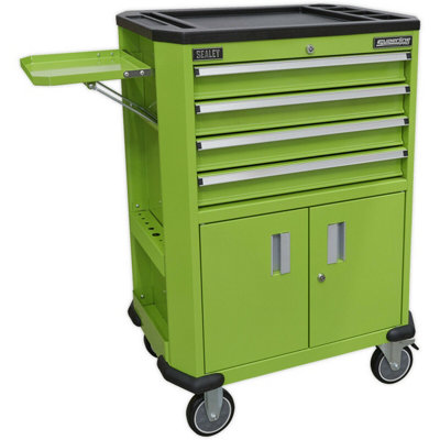 Mobile Tool Trolley - 4 Drawer & 2 Cupboard Workshop Trolley - Folding Side Tray