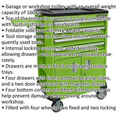 Mobile Tool Trolley - 4 Drawer & 2 Cupboard Workshop Trolley - Folding Side Tray