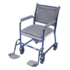 Mobile Wheeled Commode - Detachable Footrests - 7.5 Litre Pail - Braked Castors