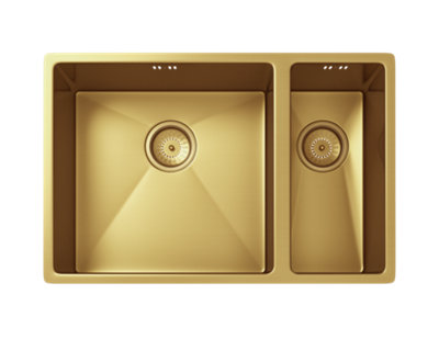 Mockeln - 1.5 Bowl Stainless Steel Kitchen Sink - Inset or Undermounted - Gold Finish - 670mm x 440mm x 200mm