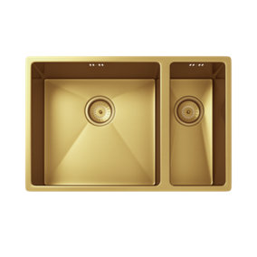 Mockeln - 1.5 Bowl Stainless Steel Kitchen Sink - Inset or Undermounted - Gold Finish - 670mm x 440mm x 200mm