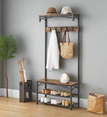 Modcraft Industrial Coat Rack with Bench and Shoe Rack - Rustic Brown