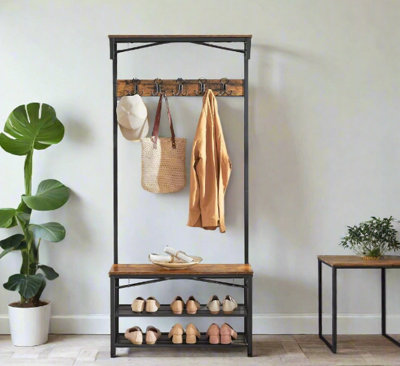 Modcraft Industrial Coat Rack with Bench and Shoe Rack - Rustic Brown