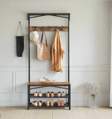 Modcraft Industrial Coat Rack with Bench and Shoe Rack - Rustic Brown