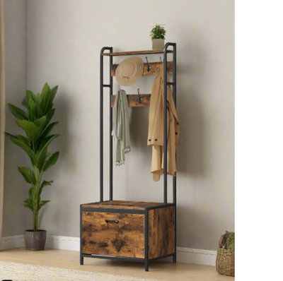 MODCRAFT Industrial Coat Rack with Shoe Storage - Rustic Brown
