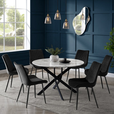 Modena Marble Effect Dining Table & Black Velvet Almeria Chairs, 6 Seater