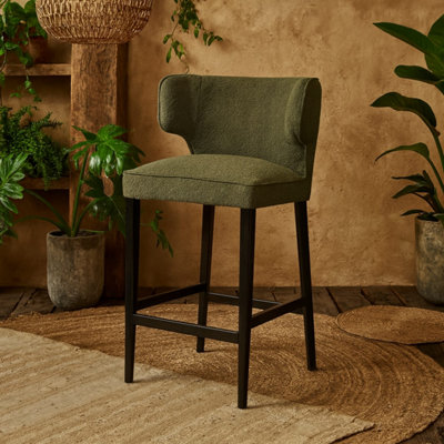 Modena Modern Green Upholstered Bar Stool with Wooden Legs