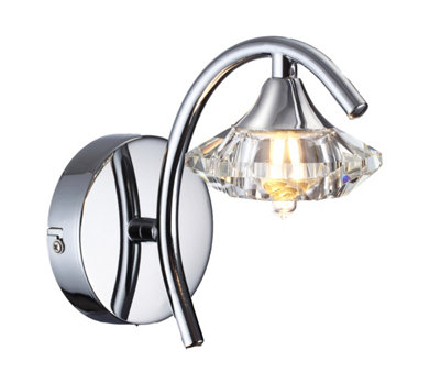 Modern 1 Light Polished Chrome and Crystal Wall Light with Switch from