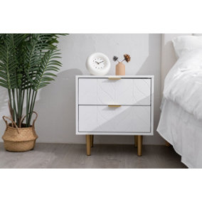 Modern 2-Drawer Bedside Table in White with Brass Effect Accents