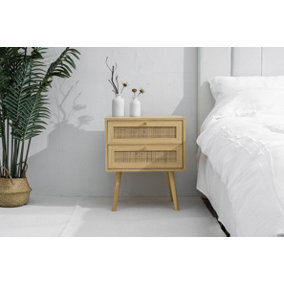 Modern 2-Drawer Bedside Table with Real Rattan and Solid Pine Legs - Light Brown