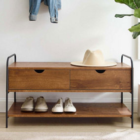 Modern 2 Drawers Walnut Effect Metal and Wood Entry Bench with Lower Shoe Shelf 90cm