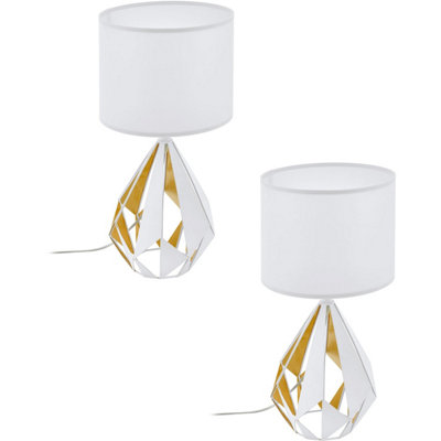 Modern 2 Pack Table Lamps with White Shade and Honey Gold Geometric Design