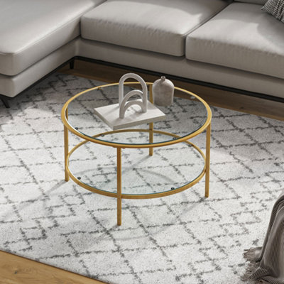 Modern 2 Tier Gold Metal Frame Tempered Glass Tabletop Round Coffee Table Dia 800mm
