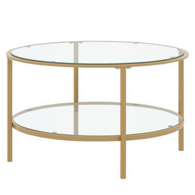 Modern 2 Tier Gold Metal Frame Tempered Glass Tabletop Round Coffee Table Dia 800mm