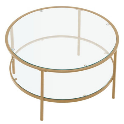 Modern 2 Tier Gold Metal Frame Tempered Glass Tabletop Round Coffee Table Dia 800mm