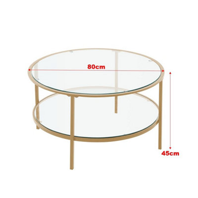 Modern 2 Tier Gold Metal Frame Tempered Glass Tabletop Round Coffee Table Dia 800mm