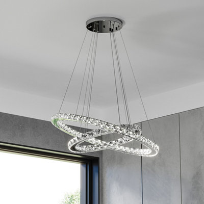 Modern 2 Tier Round Adjustable Linear Hanging Crystal LED Ceiling Pendant Light 60cm Dimmable