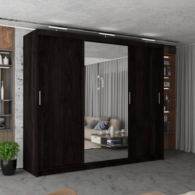 Modern 3-Door Sliding Wardrobe with LED Light & Mirror - 250cm Bedroom ...