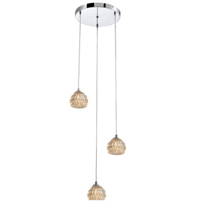 Modern 3 Light Pendant Ceiling Light, G9 Cap Type, Polished Chrome Finish, Glass Shades Included, Bulbs Not Included