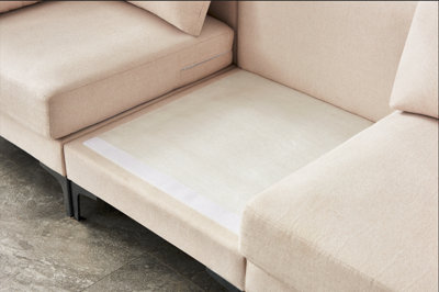 Modern 3 seater Sofas with Ottoman, Fabric Padded Seat Footstool Beige Lenth235cm width 80cm Corner with 2 Pillows