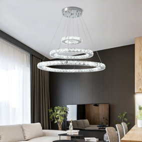 Modern 3 Tier Circular Adjustable Linear Hanging Crystal LED Ceiling Pendant Light 60cm Cool White