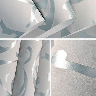 Modern 3D Damask Texture Wallpaper Non Woven Silver Grey  Wallpaper Decorative Paper 10M