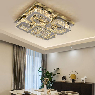 Modern 5 Lights Square Fancy Crystal LED Chrome Flush Mount Ceiling Light Fixture 50cm Dimmable