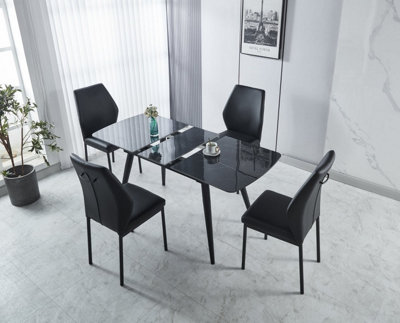 Modern 5-Piece Dining Set, Sintere Stone Top Extending Table with 4 Faux Leather Chairs, Metal Frame
