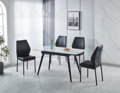 Modern 5-Piece Dining Set, Sintere Stone Top Extending Table with 4 Faux Leather Chairs, Metal Frame