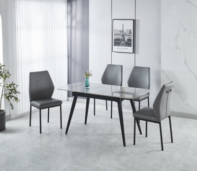Modern 5-Piece Dining Set, Sintere Stone Top Extending Table with 4 Faux Leather Chairs, Metal Frame