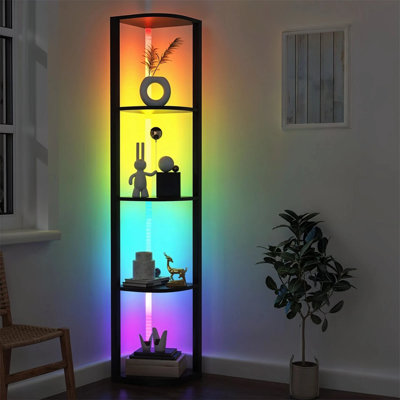 Modern 5-Tier Corner Bookshelf with RGB LED Floor Lamp & Storage Rack