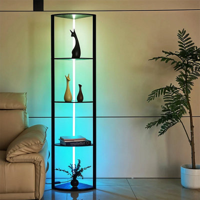 Modern 5-Tier Corner Bookshelf with RGB LED Floor Lamp & Storage Rack