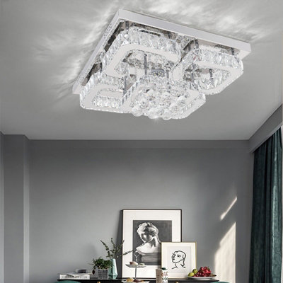 Modern 50cm 5 Head Square Fancy Crystal LED Chrome Flush Mount Dimmable Ceiling Light Fixture