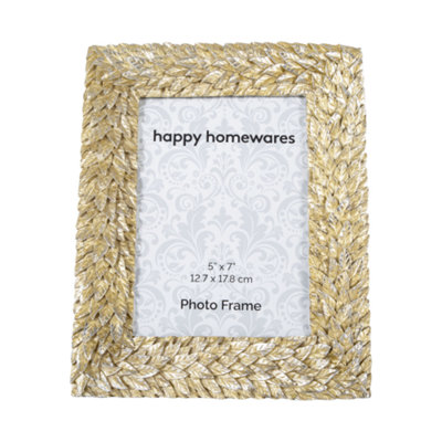Modern 5x7 Resin Photo Frame with Multi Leaf Decor in Metallic Gold and