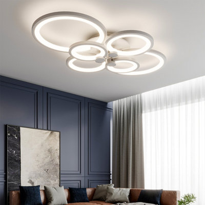 Modern 6 Circular White Metal and Acrylic LED Semi Flush Ceiling Light Fixture for Nordic Decor