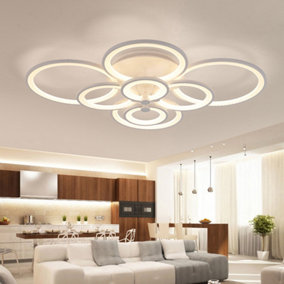 Modern 8 Circular White Metal and Acrylic LED Semi Flush Ceiling Light Fixture for Nordic Decor, Dimmable
