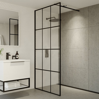 Modern 8mm Grid Wet room Panel - 900mm with Black Frame and Toughened Safety Glass