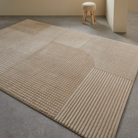 Modern Abstract Beige Easy to Clean Striped Rug for Living Room and Dining Room-80cm X 150cm