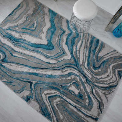 Modern Abstract Blue Multi Easy to Clean Contemporary Rug for Living ...