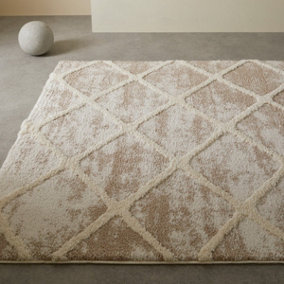 Modern Abstract Easy to Clean Beige Shaggy Geometric Rug for Bedroom Living Room & Dining Room-120cm X 170cm